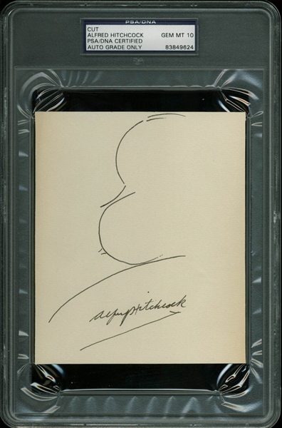 Alfred Hitchcock Hand Drawn & Signed Self Portrait Sketch (PSA/DNA Graded GEM MINT 10!)