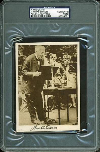 Thomas Edison Signed Historic 4.5" x 6" Photo w/ Edison Reciting a Poem Over Radio (PSA/DNA Encapsulated)