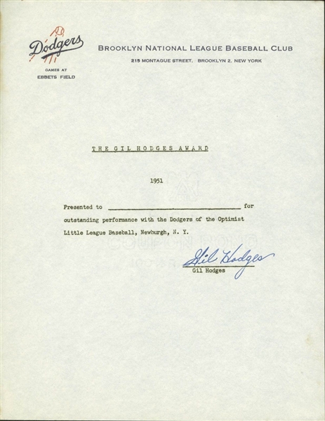 Gil Hodges Signed 1951 "Gil Hodges Award" Document (PSA/DNA)