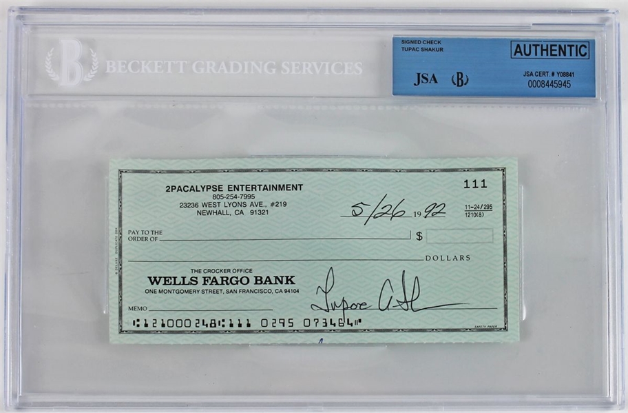 Tupac Shakur Signed Business Bank Check (JSA Encapsulated)