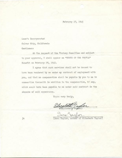 Elizabeth Taylor Signed 1945 Letter w/ Mother Sara Taylor (PSA/DNA)