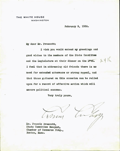 President Calvin Coolidge Signed 1926 Letter on White House Letterhead (PSA/DNA)