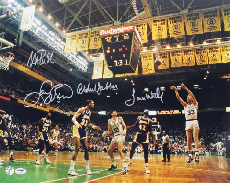 1987 NBA Finals Stars Multi-Signed 16" x 20" Photo w/ Bird, Kareem, Magic, & Worthy (PSA/DNA)