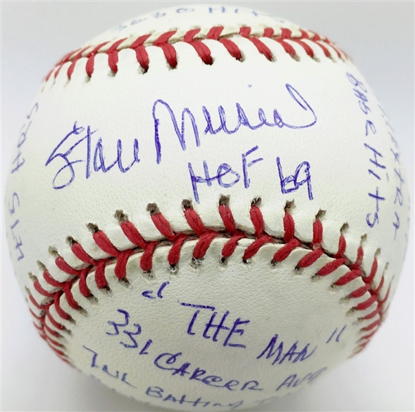 Stan Musial Signed ONL "Stat" Baseball w/ 20 Handwritten Inscriptions PSA/DNA Graded Near-Mint 8!