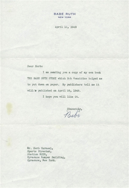 Babe Ruth Signed 1948 Typed Letter w/ Original Sent "The Babe Ruth Story" From The Babe Himself! (JSA)
