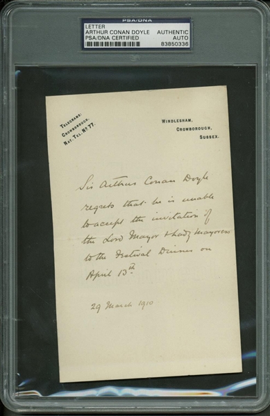 Sir Arthur Conan Doyle Rare Signed & Hand Written 1910 Letter (PSA/DNA Encapsulated)