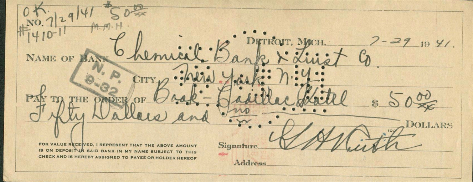 Babe Ruth Twice Signed 1941 Chemical Bank Check (PSA/DNA)