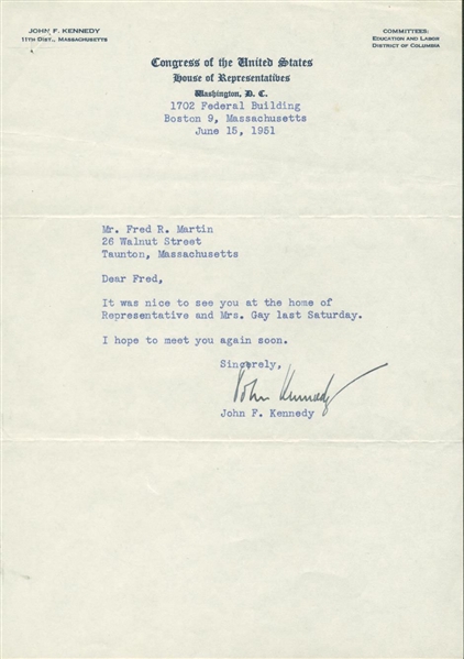 President John F. Kennedy Rare Early 1951 Congressional Letter (PSA/DNA)