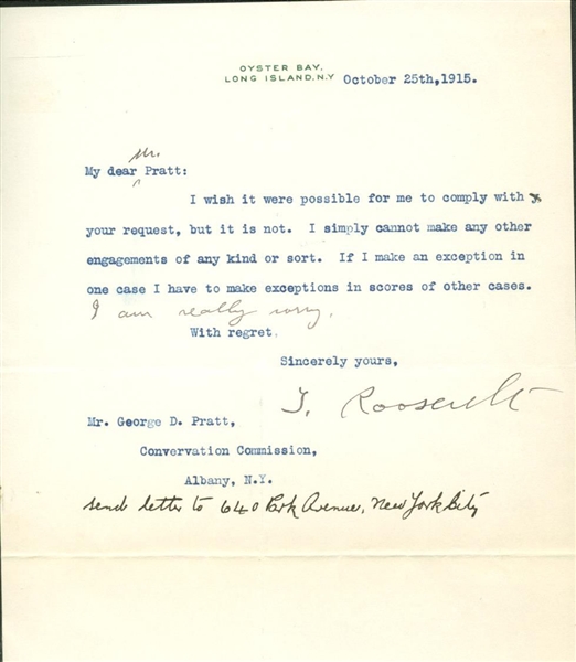 President Teddy Roosevelt Signed & Hand Notated Typed 1915 Letter (PSA/DNA)