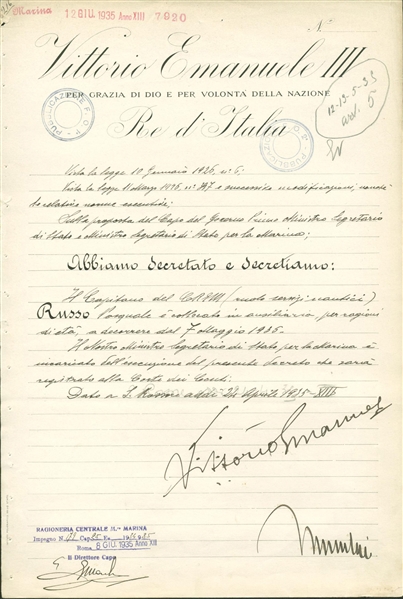 Benito Mussolini & Vittorio Emanuele III Dual Signed Italian Document c.1935 (PSA/JSA Guaranteed)