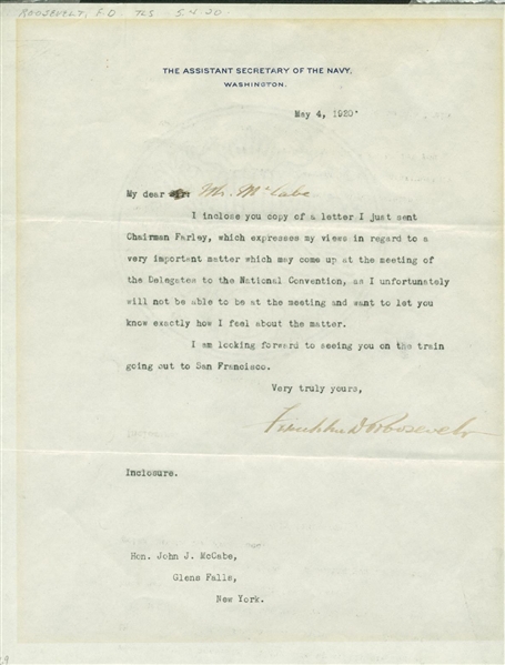 President Franklin D. Roosevelt Signed 1920 Navy Typed Letter (PSA/JSA Guaranteed)