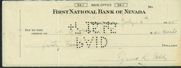 Ty Cobb Signed & Hand Written 1945 Bank Check (PSA/JSA Guaranteed)