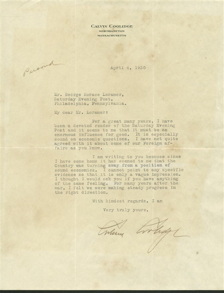 President Calvin Coolidge Signed Typed 1930 Personal Letter (PSA/JSA Guaranteed)