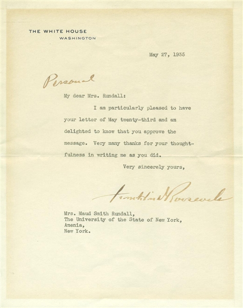 President Franklin D. Roosevelt Signed 1935 White House Letter (PSA/JSA Guaranteed)