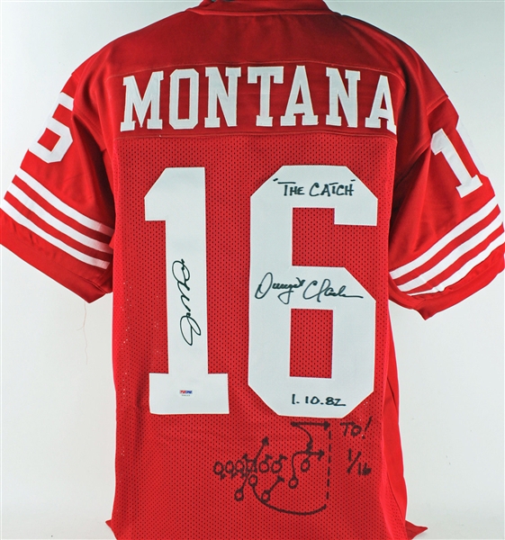 Joe Montana & Dwight Clark Signed 49ers Red Jersey w/ Hand-Drawn "The Catch" Play (PSA/DNA)