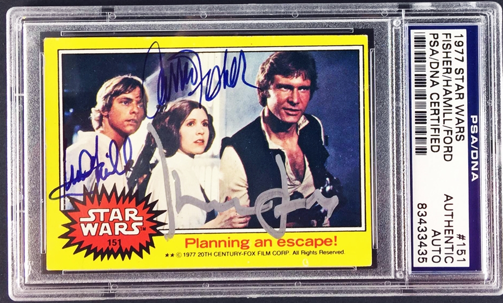Star Wars: ULTRA RARE Harrison Ford, Mark Hamill & Carrie Fisher Signed 1977 Topps Trading Card #151 (PSA/DNA Encapsulated)