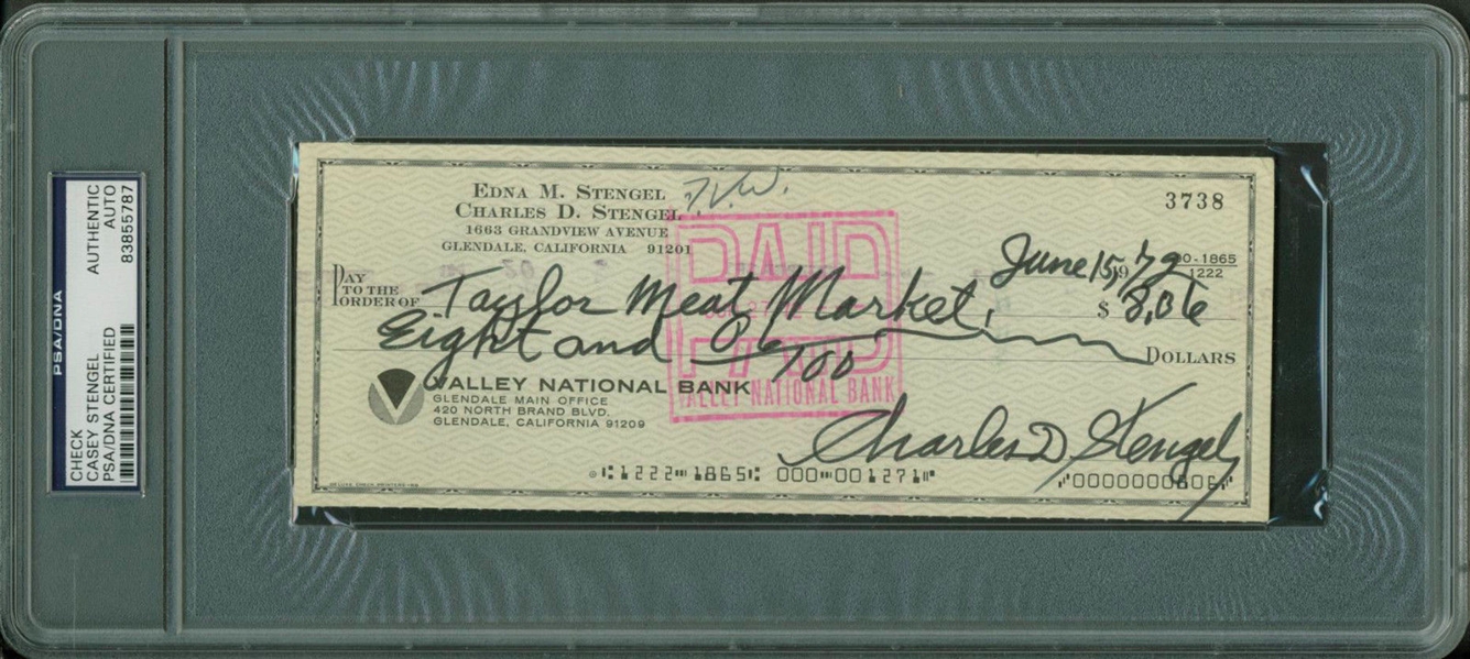 Casey Stengel Signed & Hand Written Near-Mint Bank Check (PSA/DNA Encapsulated)