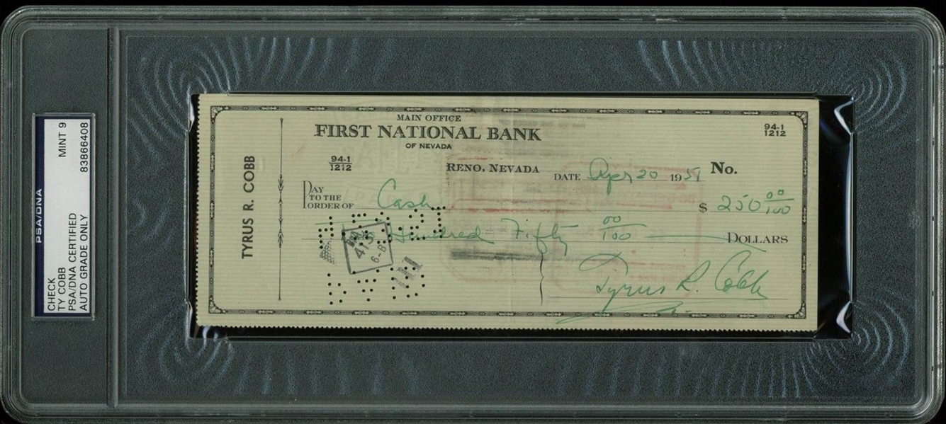 Ty Cobb Signed & Hand Written 1951 Bank Check PSA/DNA Graded MINT 9!