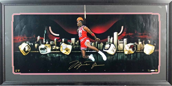 Stunning 20" x 42" Michael Jordan Signed Limited Edition Rings Display (Upper Deck)