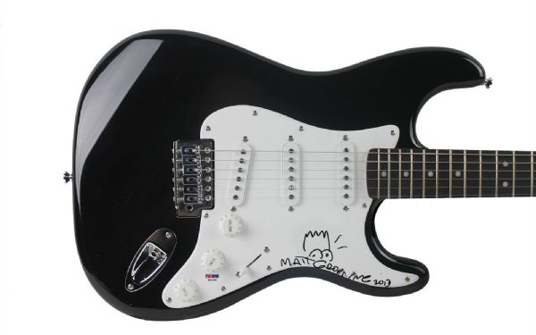 The Simpsons: Matt Groening Signed Fender Squier Strat Guitar w/Hand Drawn Bart Sketch (PSA/DNA)