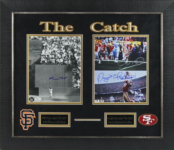 The Catch: Joe Montana/Dwight Clark and Willie Mays 8" x 10" Photos in Custom Framed Display (PSA/DNA & JSA)