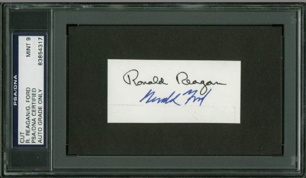 Presidents Ronald Reagan & Gerald Ford Dual-Signed 1.5" x 3" Cut - PSA/DNA Graded MINT 9