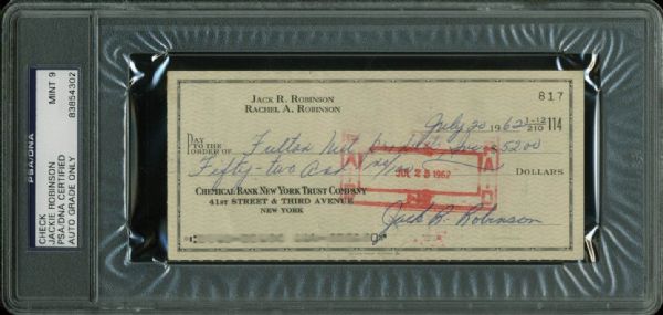 Jackie Robinson Superb Signed Personal Bank Check (PSA/DNA Graded MINT 9)