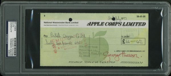 The Beatles: George Harrison Signed Apple Corps Limited Bank Check (PSA/DNA Encapsulated)