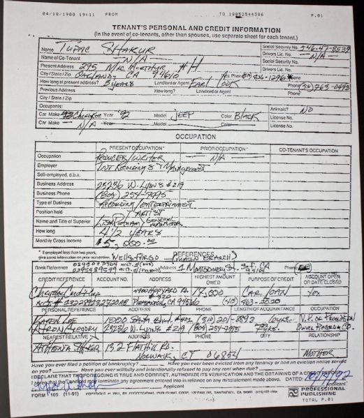 Tupac (2Pac) Shakur Ultra-Rare Signed 1992 Personal Tenants Agreement (JSA)