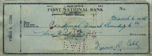 Ty Cobb Signed & Hand Written 1948 Personal Bank Check (PSA/JSA Guaranteed)