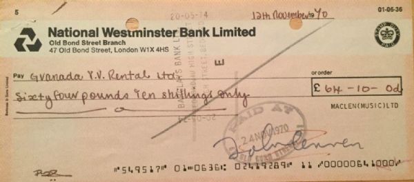 The Beatles: John Lennon Signed MacLen Music Business Bank Check (Caiazzo LOA)