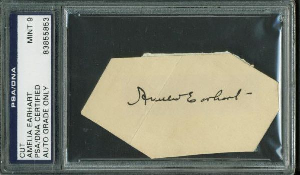 Amelia Earhart Superbly Signed 1.5" x 3" Album Page PSA/DNA Graded MINT 9!