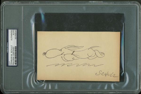 Peanuts: Charles Schulz Superb Hand Drawn & Signed 3.5" x 6" Snoopy Sketch (PSA/DNA Encapsulated)