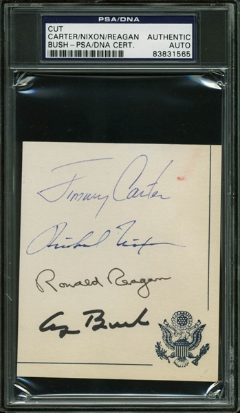 Four Presidents Signed 3.5" x 4" Cut w/ Presidents Carter, Nixon, Reagan, and Bush Sr. (PSA/DNA Encapsulated)