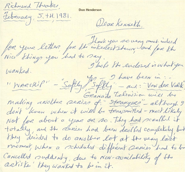 Don Henderson (General Tagge) Rare Signed & Hand Written 1981 Letter (PSA/DNA Guaranteed)