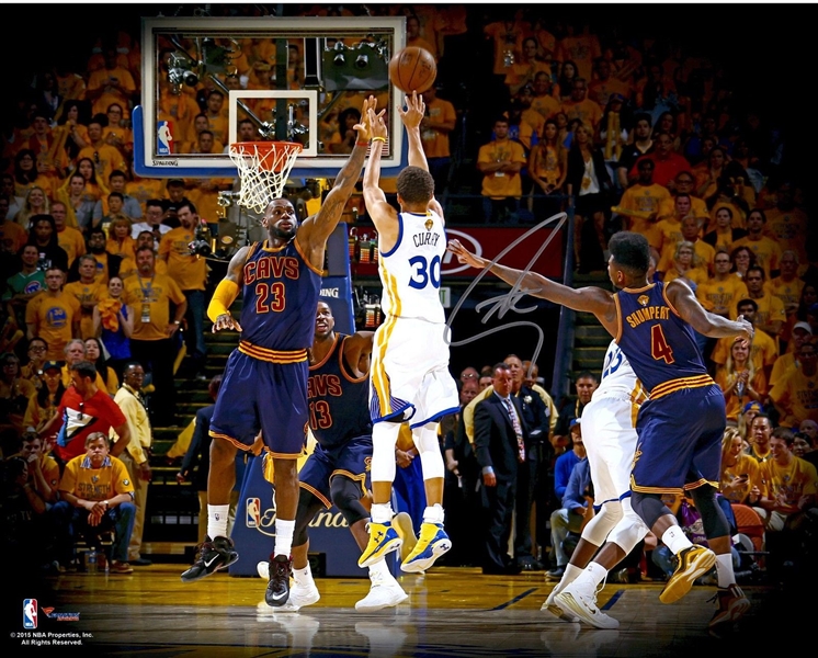 Stephen Curry Beautiful Signed 16" x 20" Color Photo from 2015 NBA Finals vs. Lebron James! (Fanatics)