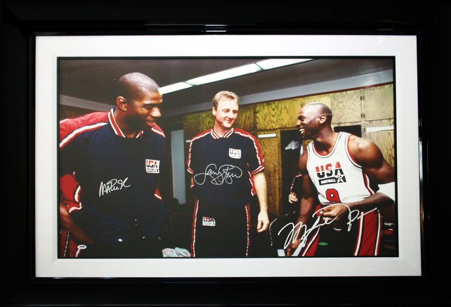 Michael Jordan, Magic Johnson & Larry Bird Signed 32" x 25.5" Rare Oversized Canvas Print (UDA & PSA/DNA)