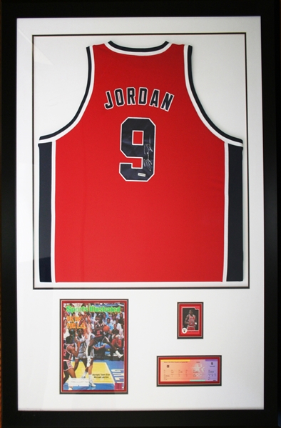 Michael Jordan Signed 1984 Olympic Jersey in Custom Framed Display with Ticket & Card (UDA)