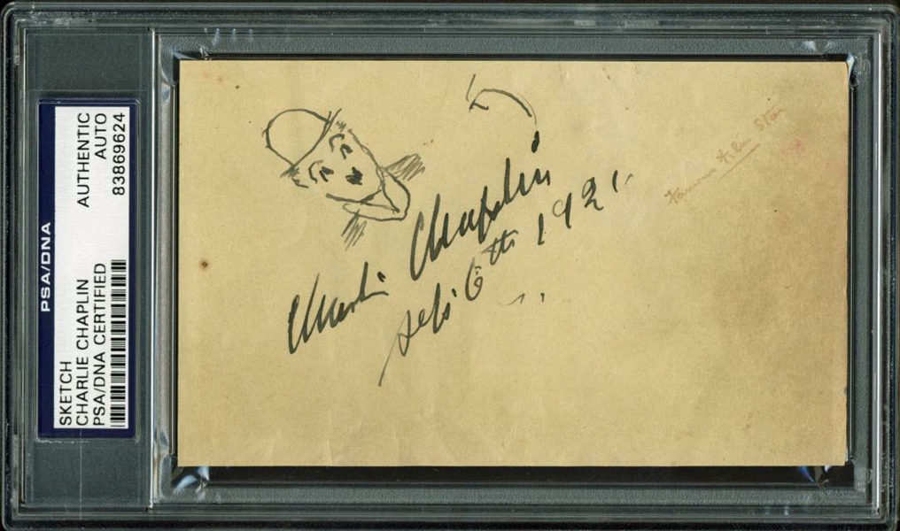 Charlie Chaplin Stunning Signed & Hand Sketched 5" x 3" Album Page as "Little Tramp!"(PSA/DNA Encapsulated)