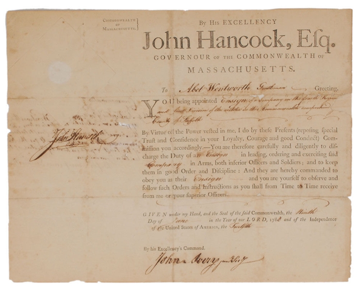 John Hancock Superbly Signed 1788 Military Appointment w/ HUGE Signature! (PSA/DNA)