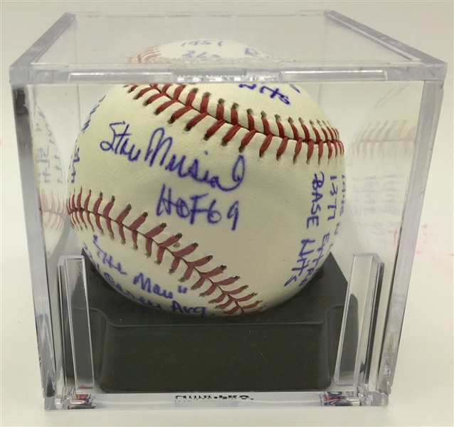 Stan Musial Impressive Signed ONL Baseball w/ 20 Hand Written Stats! PSA/DNA Graded NM-8.5