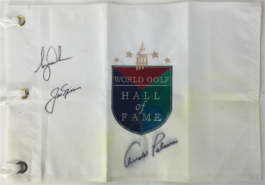 The Big Three: Tiger Woods, Jack Nicklaus & Arnold Palmer Signed Hall of Fame Golf Flag (PSA/DNA)