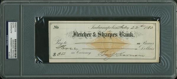 President Benjamin Harrison Signed 1880 Bank Check (PSA/DNA Encapsulated)