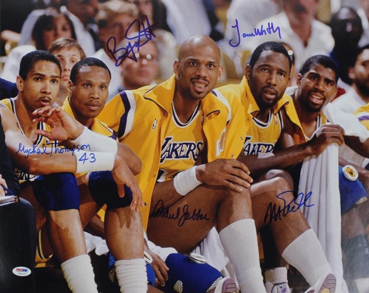 Lakers: "Showtime" Multi-Signed (5) 16"x20" Photo with Magic, Kareem, Worthy, Scott & Thompson (PSA/DNA)