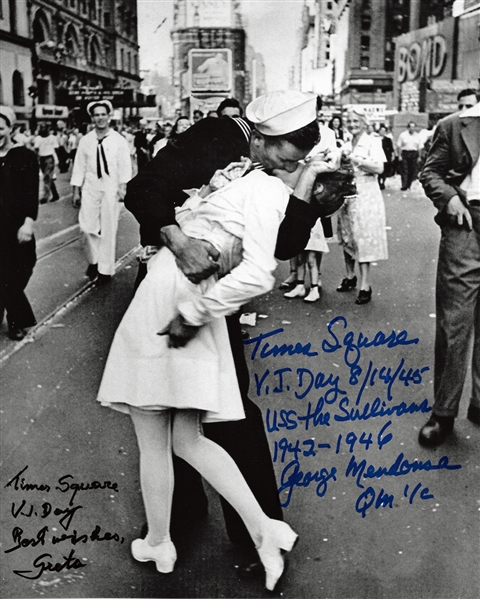 V-J Day in Times Square: George Mendonca & Greta Friedman Signed 8" x 10" B&W Photo (PSA/JSA Guaranteed)