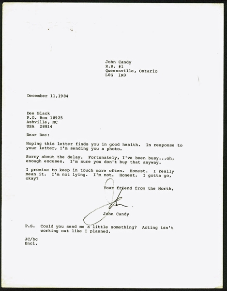 John Candy Typed & Hand Signed 1984 w/ Humorous Content (PSA/DNA)
