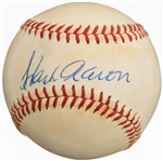Hank Aaron Tough Vintage Single Signed ONL Giles Baseball (PSA/JSA Guaranteed)