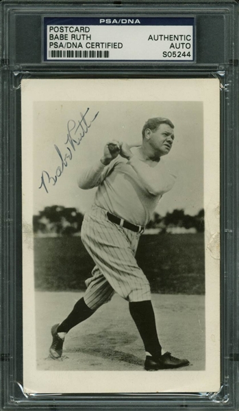 Babe Ruth Signed 3.5" x 5.5" Batting Pose Postcard (PSA/DNA Encapsulated)