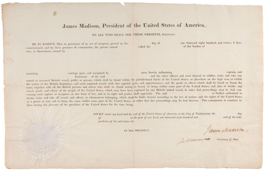 War of 1812: James Madison & James Monroe Dual Signed British Ship Seizing Papers! (PSA/DNA)