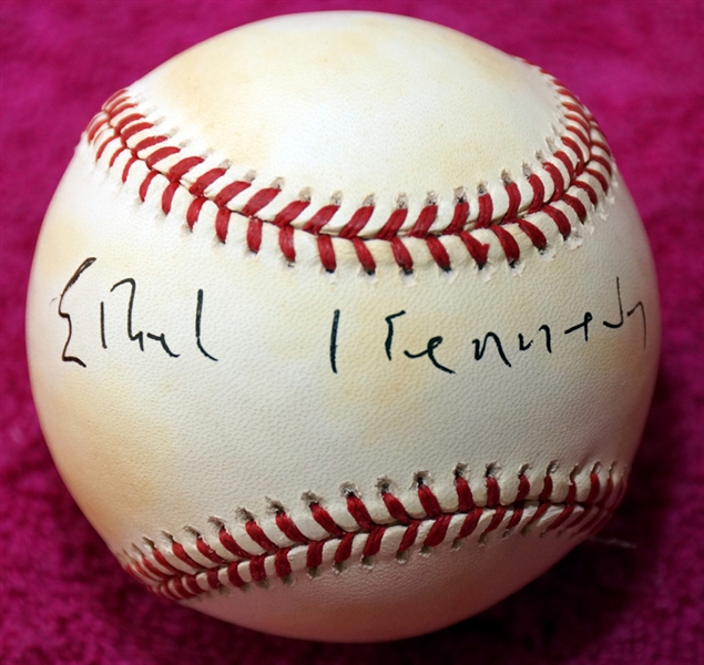 Ethel Kennedy Rare In-Person Signed ONL Baseball (PSA/JSA Guaranteed)